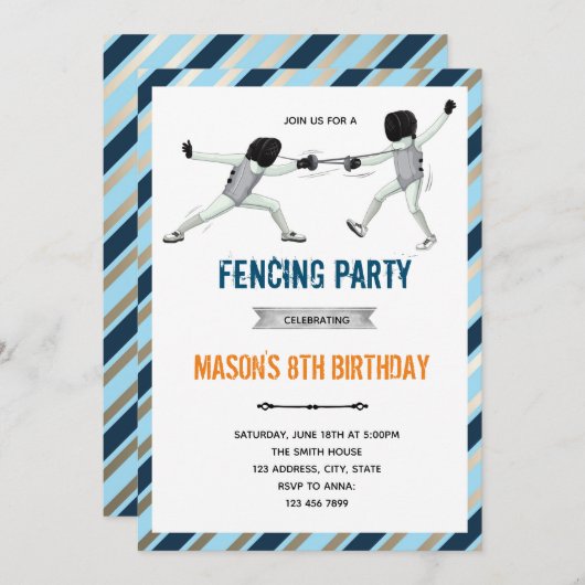 フェンシングパーティテーマの誕生日招待状 招待状 (正面/裏面)