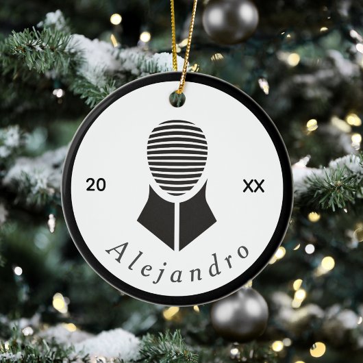 フェンシング白黒グレーフェンサー名前をカスタムする&年 セラミックオーナメント