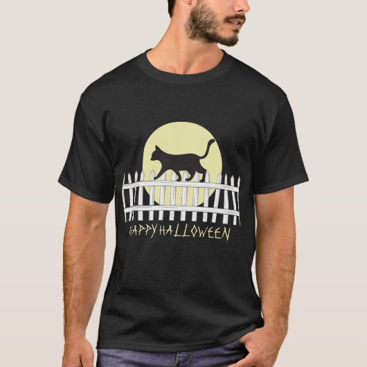 フェンスにとまる黒猫のハロウィンイラスト Tシャツ (正面)