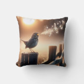 フェンスの上で歌を歌う鳥 クッション (正面)