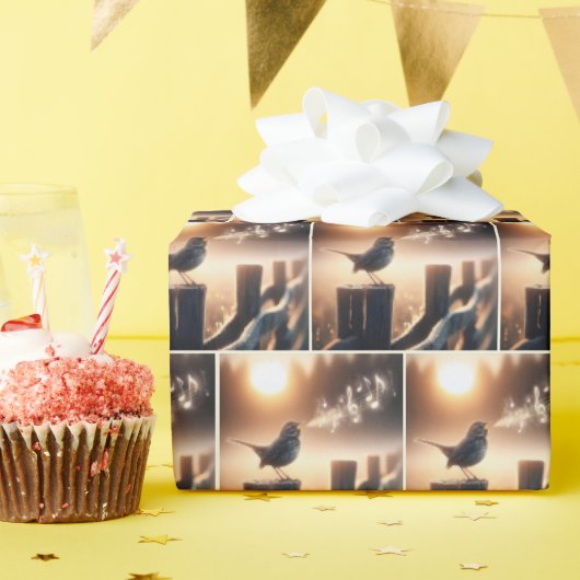 フェンスの上で歌を歌う鳥 ラッピングペーパー (誕生日パーティー)