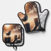 フェンスの上で歌を歌う鳥 鍋つかみ&鍋敷きセット (正面/裏面)