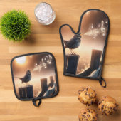 フェンスの上で歌を歌う鳥 鍋つかみ&鍋敷きセット (トップダウン)