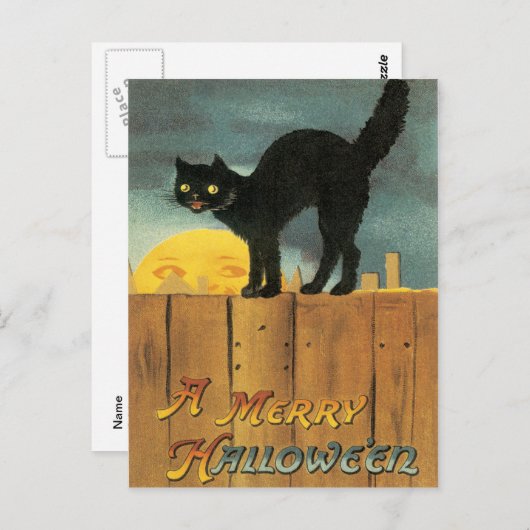 フェンスの上の黒猫ヴィンテージ ポストカード (正面/裏面)