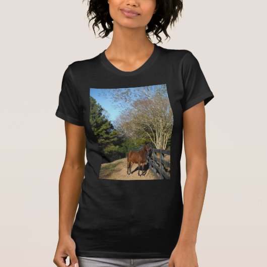 フェンスの前の茶色の馬 Tシャツ (正面)