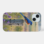 フェンスの柱にとまるルリビタキ iPhone 15ケース (裏面横)