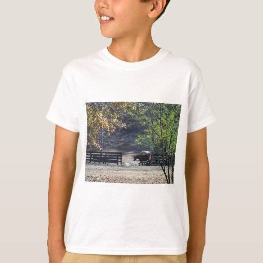 フェンスを歩く茶色の馬 Tシャツ (正面)