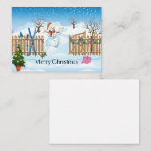 フェンスクリスマスカードの後ろの雪だるま ノートカード (正面/裏面)