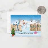 フェンスクリスマスカードの後ろの雪だるま ノートカード (正面/裏面インサイチュ)