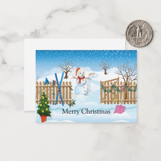 フェンスクリスマスカードの後ろの雪だるま ノートカード (正面/裏面インサイチュ)