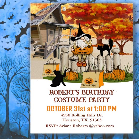フェンス上のノームの秋の誕生日ハロウィンパーティー 招待状
