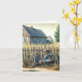 フェンス上の捨てられた古い素朴自転車 カード (黄色い花)