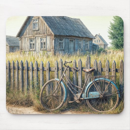 フェンス上の捨てられた古い素朴自転車 マウスパッド (正面)
