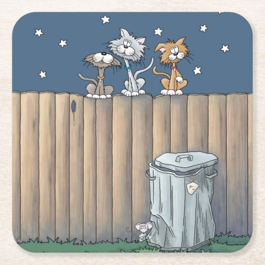 フェンス上の路地キャッツ紙コースター スクエアペーパーコースター (正面)