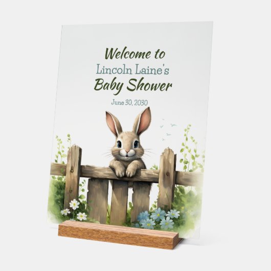 フェンス越しに見えるウサギ男の赤ちゃんシャワー アクリルサイン (傾斜)