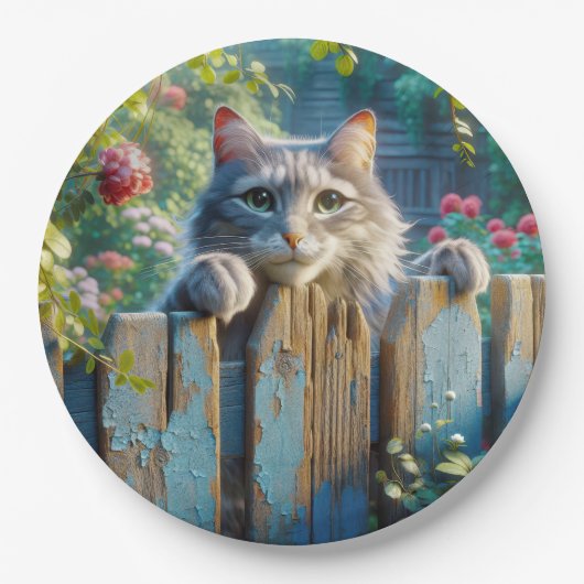 フェンス越しに覗く猫 ペーパープレート (正面)