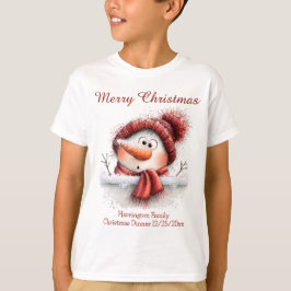 フェンス越しに顔を出すかわいい雪だるまのファミリーおそろいTシャツ Tシャツ