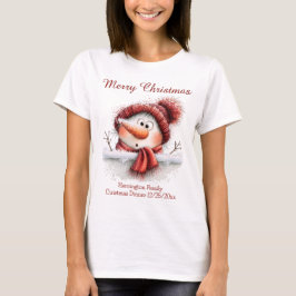 フェンス越しに顔を出すかわいい雪だるまのファミリーおそろいTシャツ Tシャツ