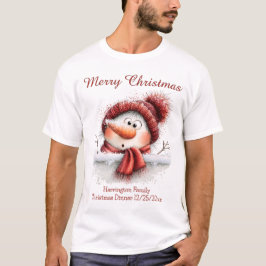 フェンス越しに顔を出すかわいい雪だるまの家族おそろいTシャツ Tシャツ