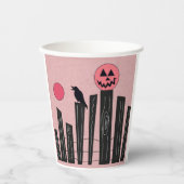 フェンス、カラス、満月が描かれたハロウィンのシーン 紙コップ (正面)