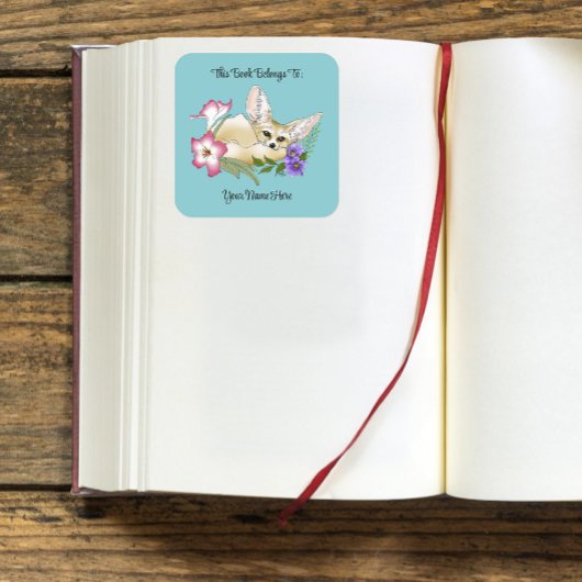 フェンネックキツネフラワーズキュート蔵書票 スクエアシール