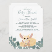 フェンネックキツネベビーシャワー水彩緑 招待状 (正面/裏面)