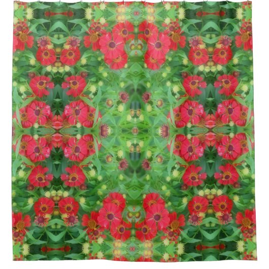 フェージング赤《植物》百日草花抽象芸術パターン シャワーカーテン (正面)