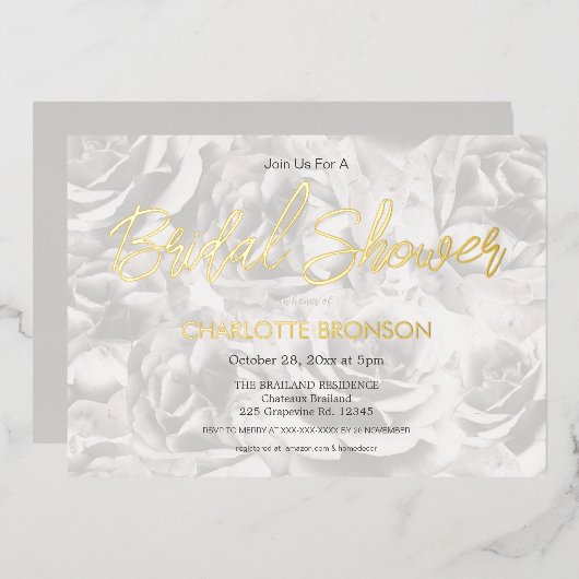 フェードグレーバラパーソナライズされたブライダルシャワー金ゴールドF 箔招待状 (正面/裏面)