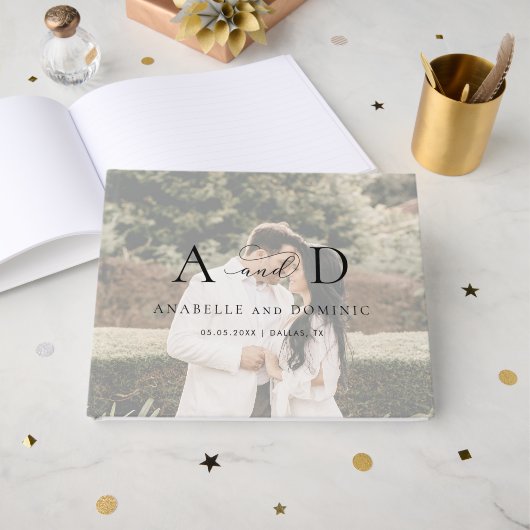 フェード色あせたフォトモノグラムエレガントスクリプ結婚ト ゲストブック (正面見開き)