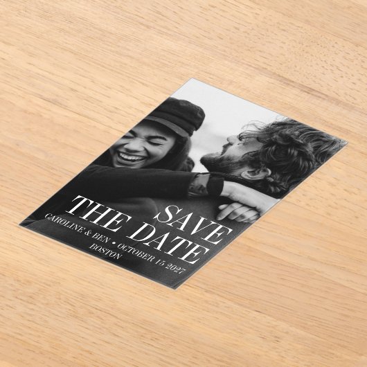 フエレガントモダンル写真の日付を保存結婚する アクリル招待状 (レイダウン)