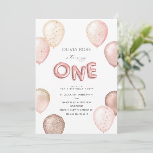 フォイルとグリッターバルーン第1誕生日パーティー招待 招待状 (スタンド正面)