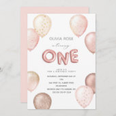 フォイルとグリッターバルーン第1誕生日パーティー招待 招待状 (正面/裏面)