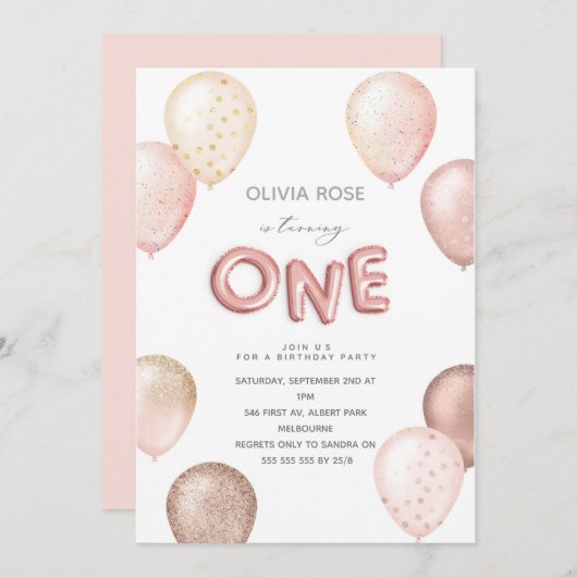 フォイルとグリッターバルーン第1誕生日パーティー招待 招待状 (正面/裏面)