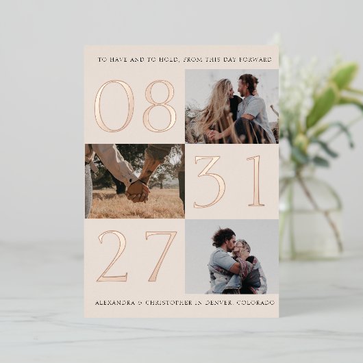 フォイルはっきりした日付トリプル写真日付カードを保存 箔招待状 (立ち正面)