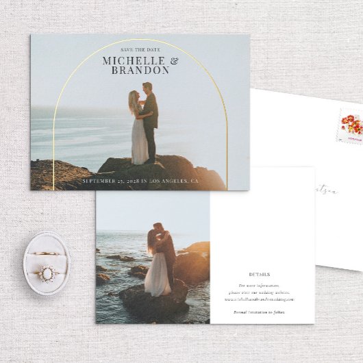 フォイルアーチ詳細フルフォトエレガント日付を保存 箔招待状