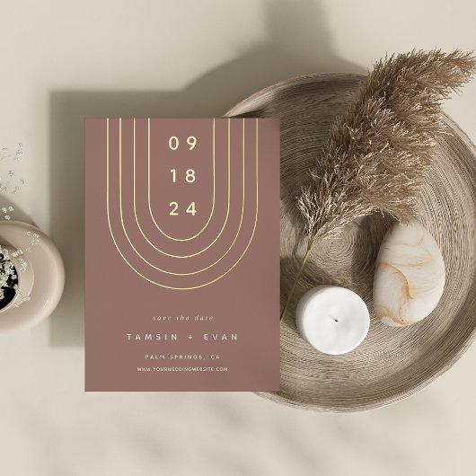 フォイルアーチ |日付モダンカーミニマルドの保存 箔招待状