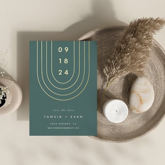 フォイルアーチ |日付モダンカーミニマルドの保存 箔招待状