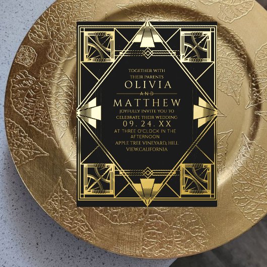 フォイルアールデコモダンブラック結婚式招待状 箔招待状