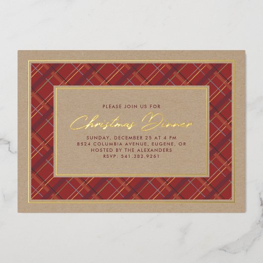 フォイルウィンタープレイドクリスマスディナー招待状 箔招待状 (正面)