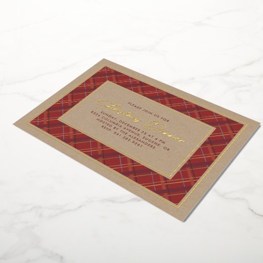 フォイルウィンタープレイドクリスマスディナー招待状 箔招待状 (回転した状態)