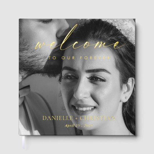 フォイルエレガントスクリプトが永遠に我々を歓迎結婚する ゲストブック (正面)