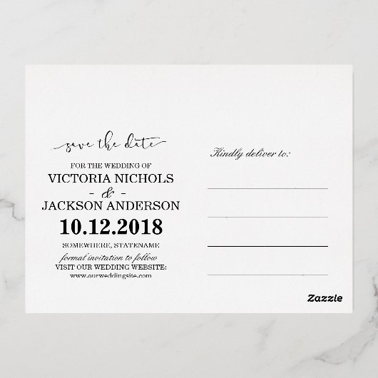 フォイルエレガント金ゴールドフレーム写真保存日付 箔招待状ポストカード (裏面)