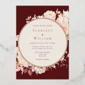 フォイルオータムフローラバーガンディ結婚クリーム 箔招待状 (正面)