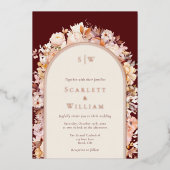 フォイルオータムフローラブルガンディアーチモノグラム結婚ズ 箔招待状 (正面)