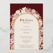 フォイルオータムフローラブルガンディクリームブライダルシャワー 箔招待状 (正面)