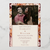 フォイルオータムフローラブルゴーニュクラシックーフォト結婚ズ 箔招待状 (正面)
