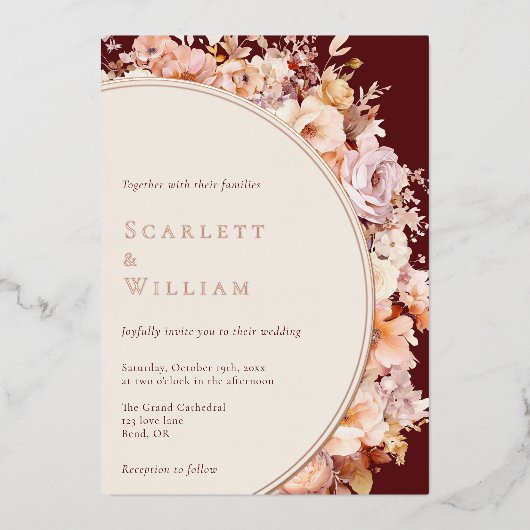 フォイルオータムフローラブルゴーニュモダンー結婚クリーム 箔招待状 (正面)