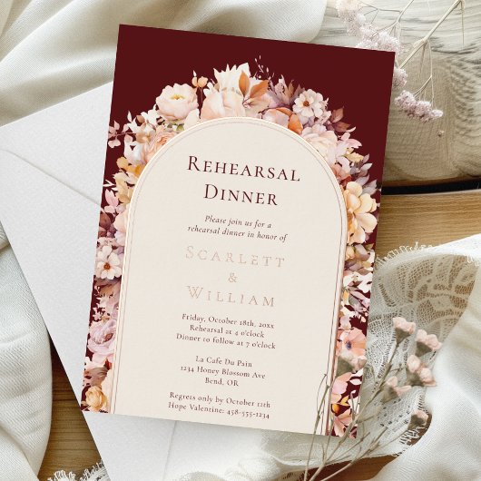 フォイルオータムブルゴーニュ結婚ーアーチのリハーサルディナー 箔招待状