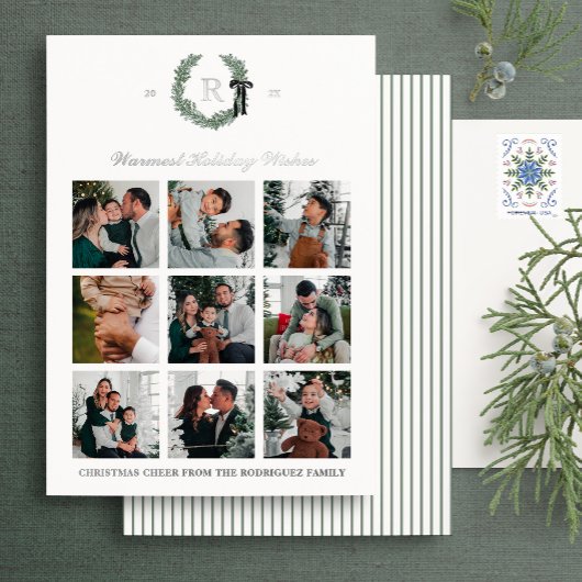 フォイルクラシックモノグラムリースクレストホリデーカード 箔招待状