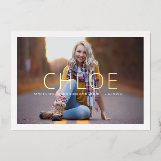 フォイルスタイリッシュミニマルフォト卒業発表 箔招待状 (正面)